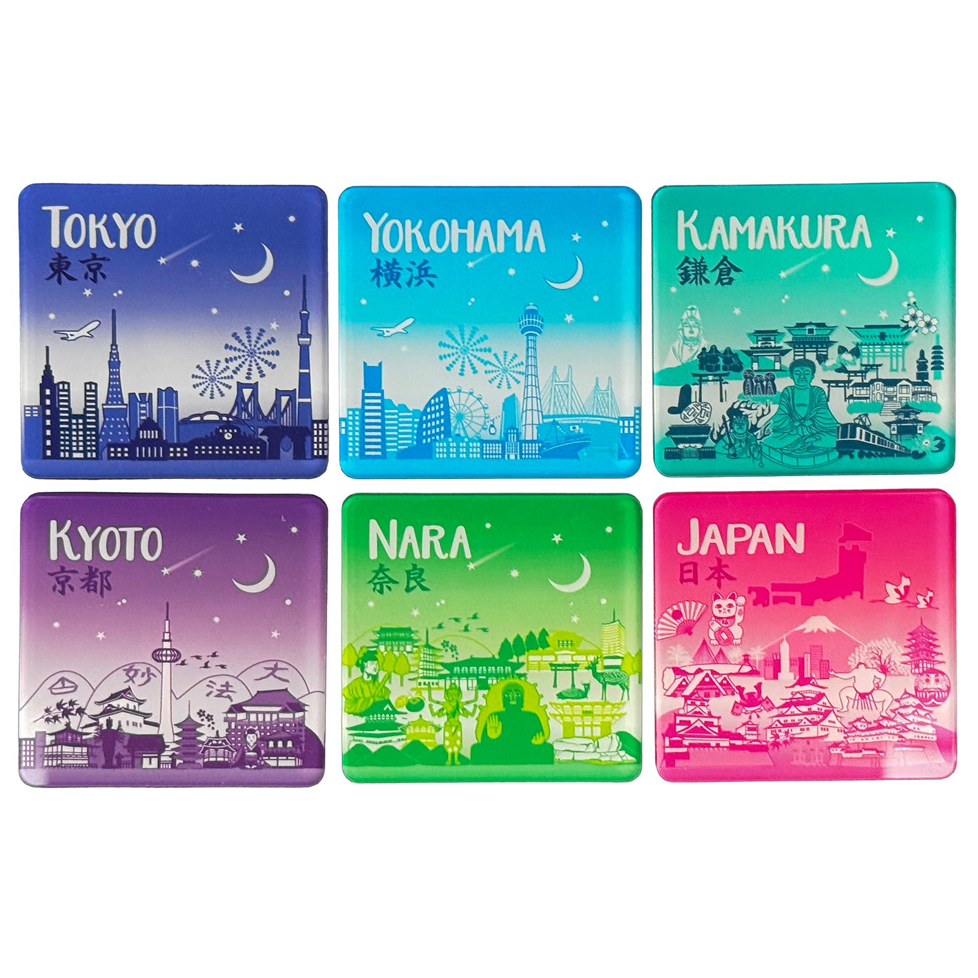 『日本・東京・横浜・鎌倉・京都・奈良skyline』マグネット【送料無料】(6個セット)