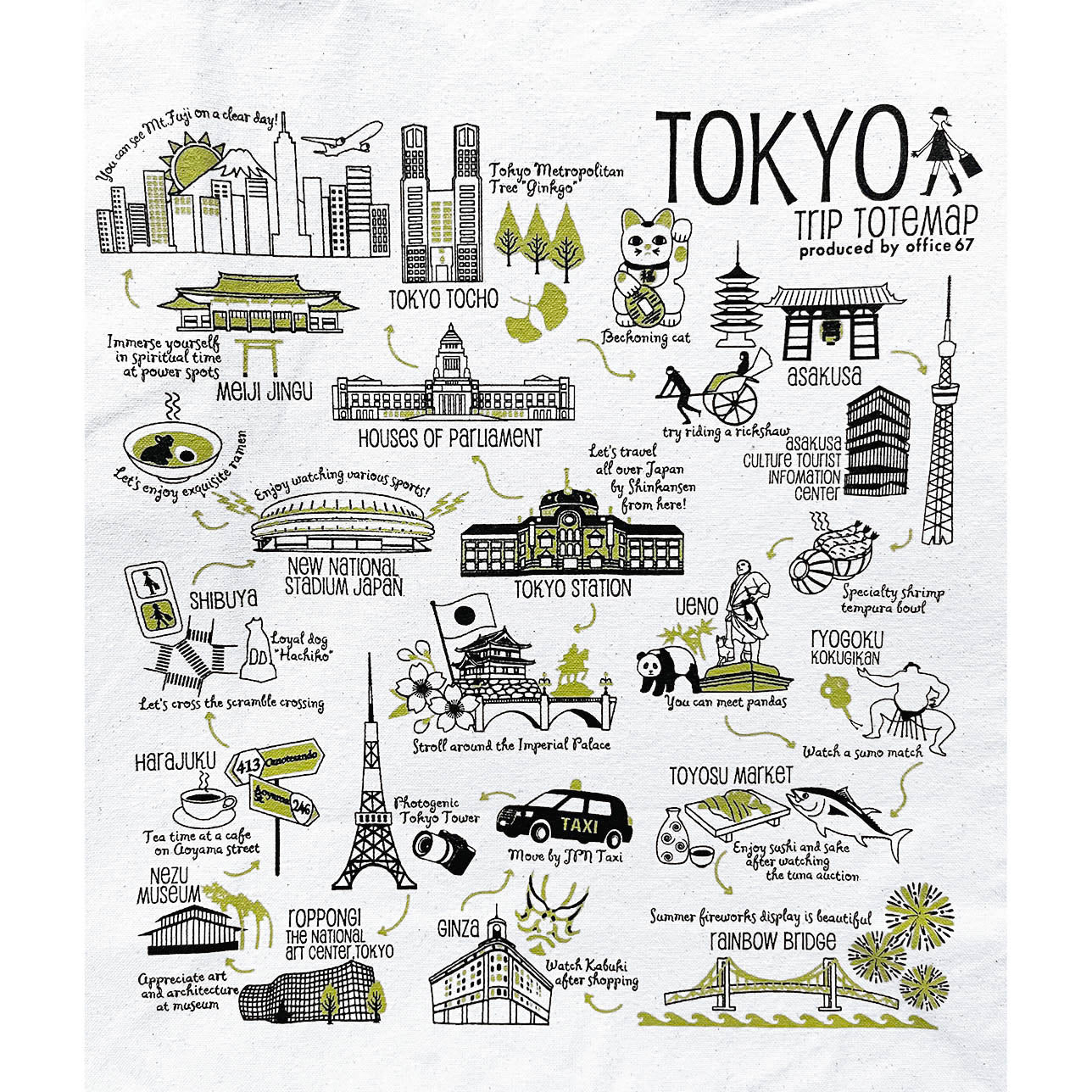 『Tokyo trip』12オンスキャンバス角底マチ付きトート(生成り)