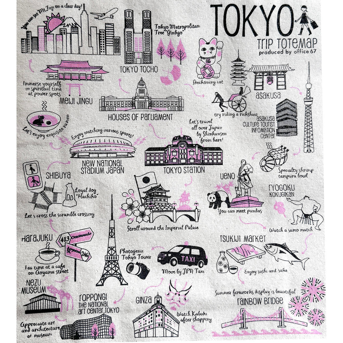 『Tokyo trip』12オンスキャンバス角底マチ付きトート（生成り・ピンク印刷）