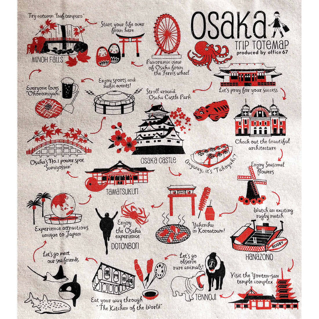 『Osakatrip』12オンスキャンバス角底マチ付きトート（生成り・オレンジ印刷）