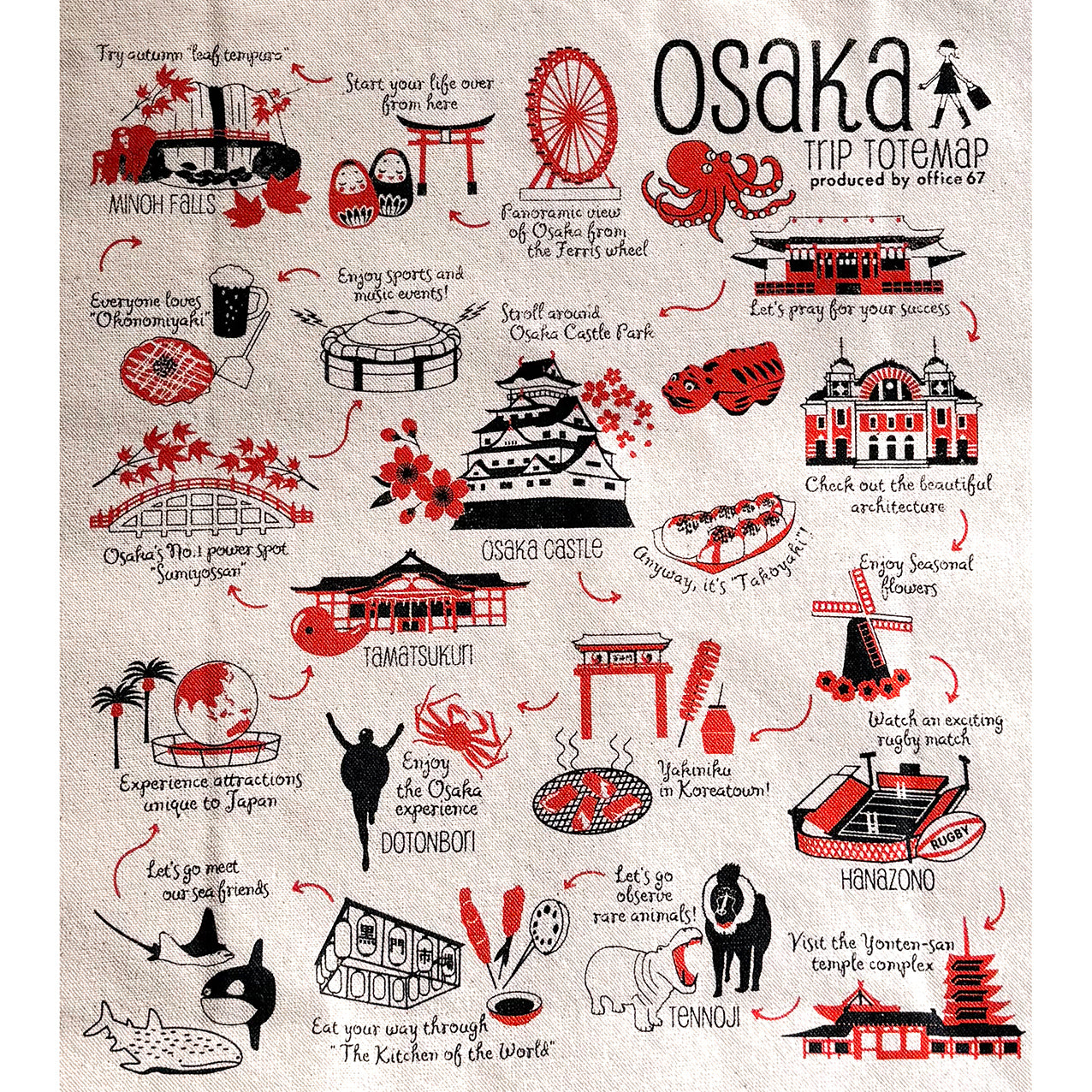 『Osakatrip』12オンスキャンバス角底マチ付きトート（生成り・オレンジ印刷）