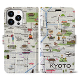 【京都（イラスト）】地図柄iPhoneケース（手帳両面タイプ・白すみれ）iPhone 13 Pro 用