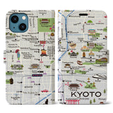 【京都（イラスト）】地図柄iPhoneケース（手帳両面タイプ・白すみれ）iPhone 13 用