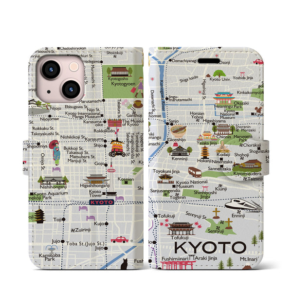 【京都（イラスト）】地図柄iPhoneケース（手帳両面タイプ・白すみれ）iPhone 13 mini 用