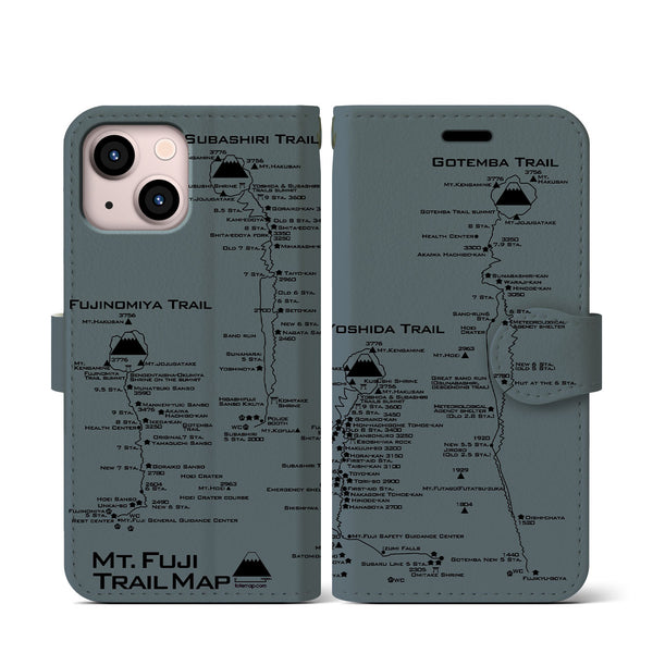 【富士山トレイル】地図柄iPhoneケース（手帳両面タイプ・エアグレー）iPhone 13 mini 用