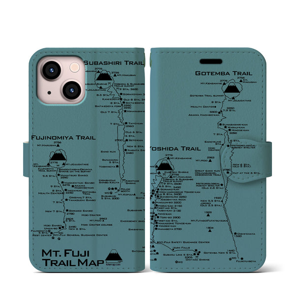 【富士山トレイル】地図柄iPhoneケース（手帳両面タイプ・アイスブルー）iPhone 13 mini 用
