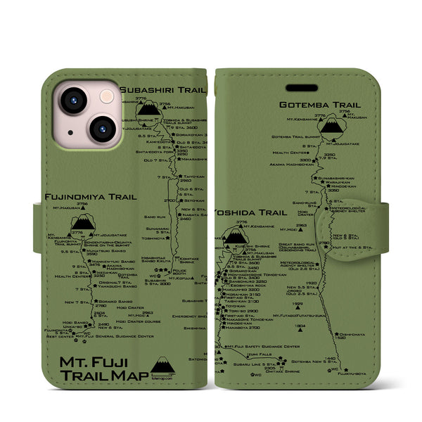 【富士山トレイル】地図柄iPhoneケース（手帳両面タイプ・ピスタチオ）iPhone 13 mini 用